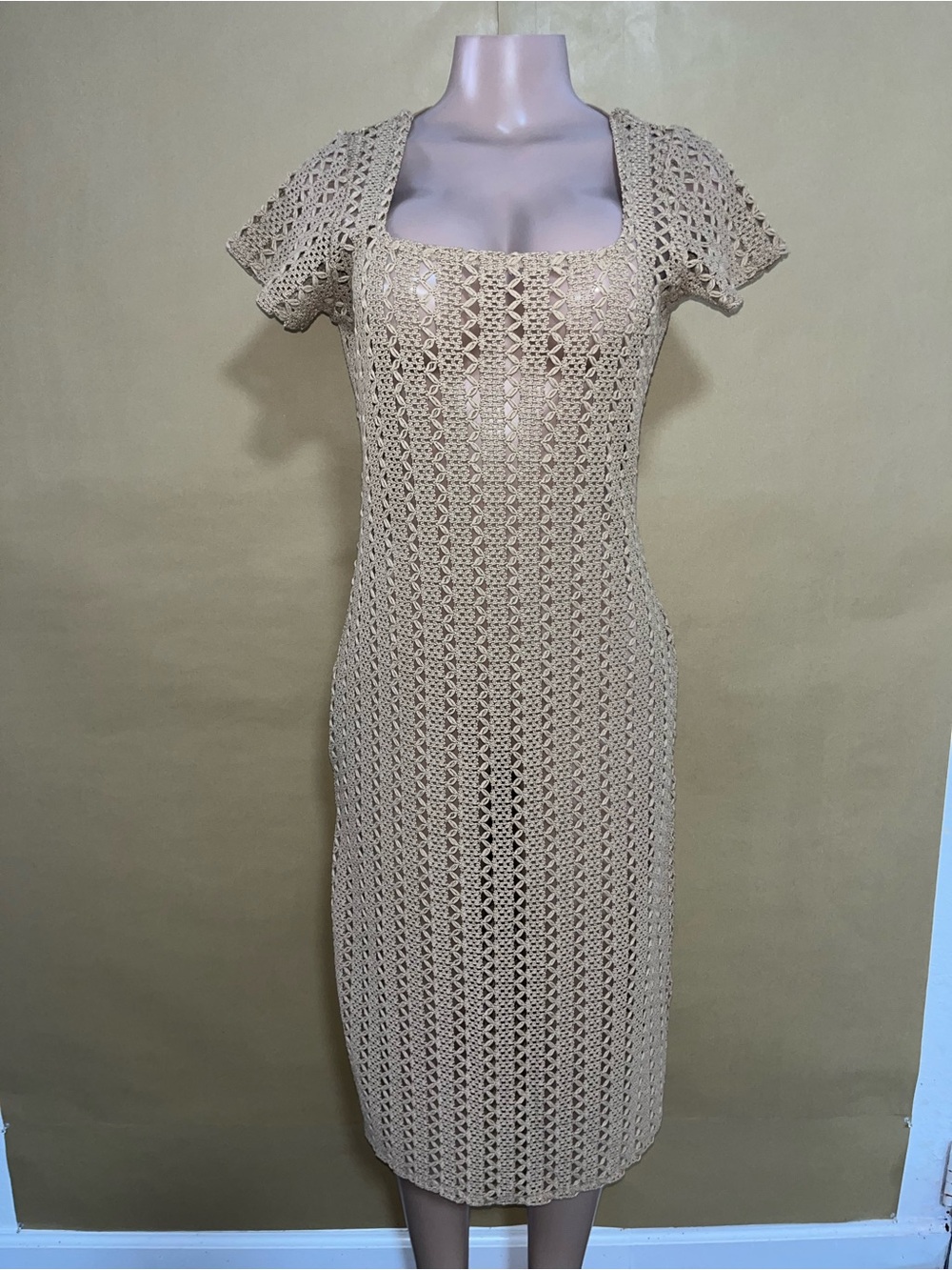O'Neill Beige Crochet Knit Square-Neck Midi Dress